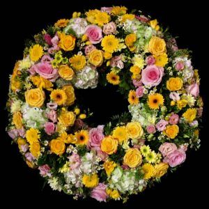 Trauerkranz mit Hortensien, gelben und rosa Rosen